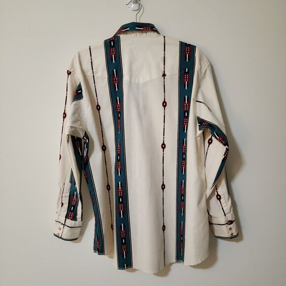 Vtg Wrangler Mens Long Sleeve Pearl Snap Western Shirt Cotton Ivory Navajo Sz XL - Picture 5 of 10